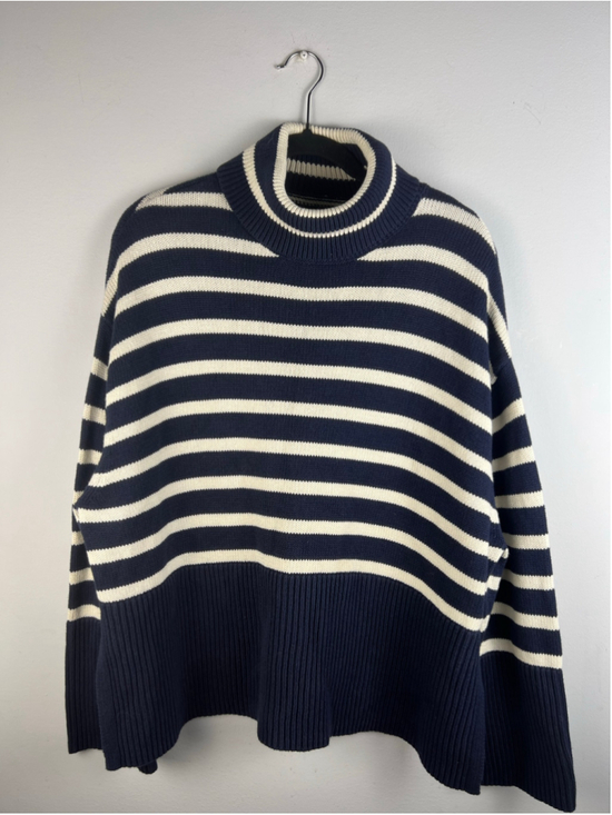 Gap Sweaters - GAP Navy White Stripe Turtleneck Sweater Small 100% Cotton Oversized Nautical